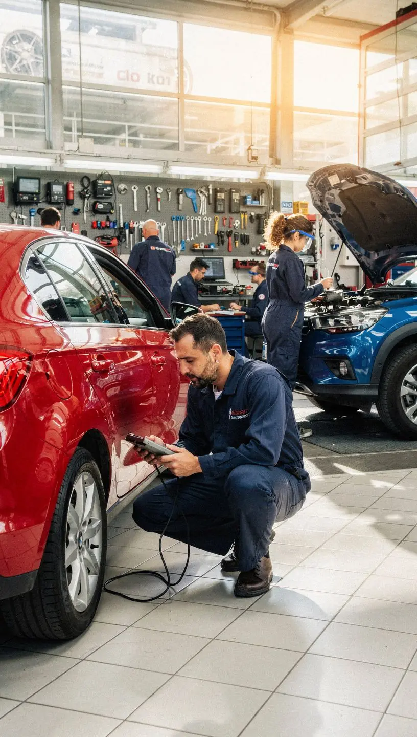 Mecánico profesional inspeccionando el motor de un coche para mantenimiento preventivo en taller automotriz español.
